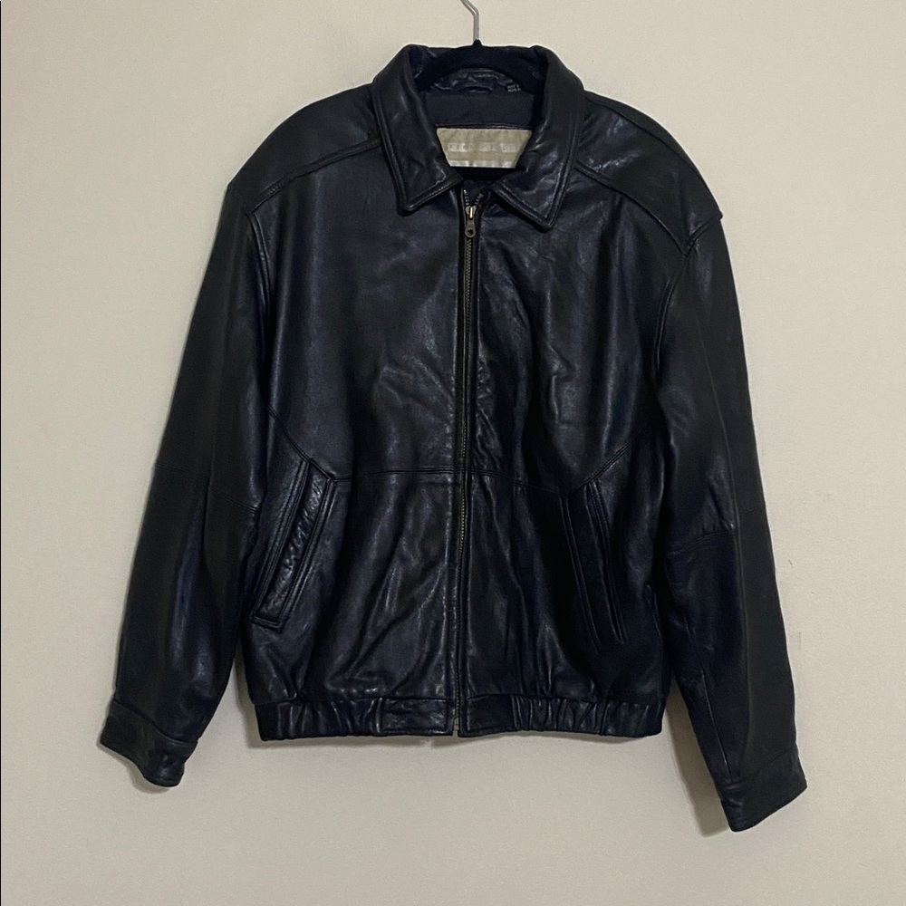 Vintage Perry Ellis Men's Black Leather bomber Jacket coat men’s L full zip Y2K